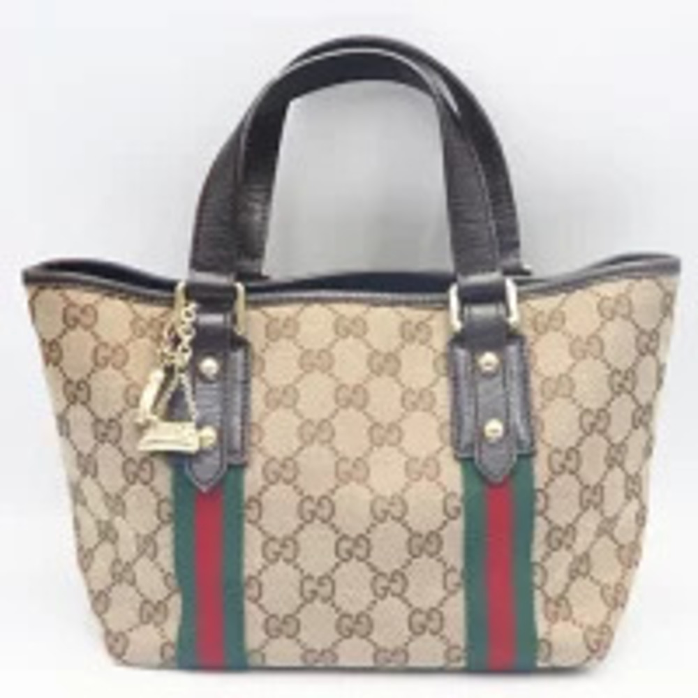 Gucci GG Canvas Handbag Sherry Web Beige Brown Charm h